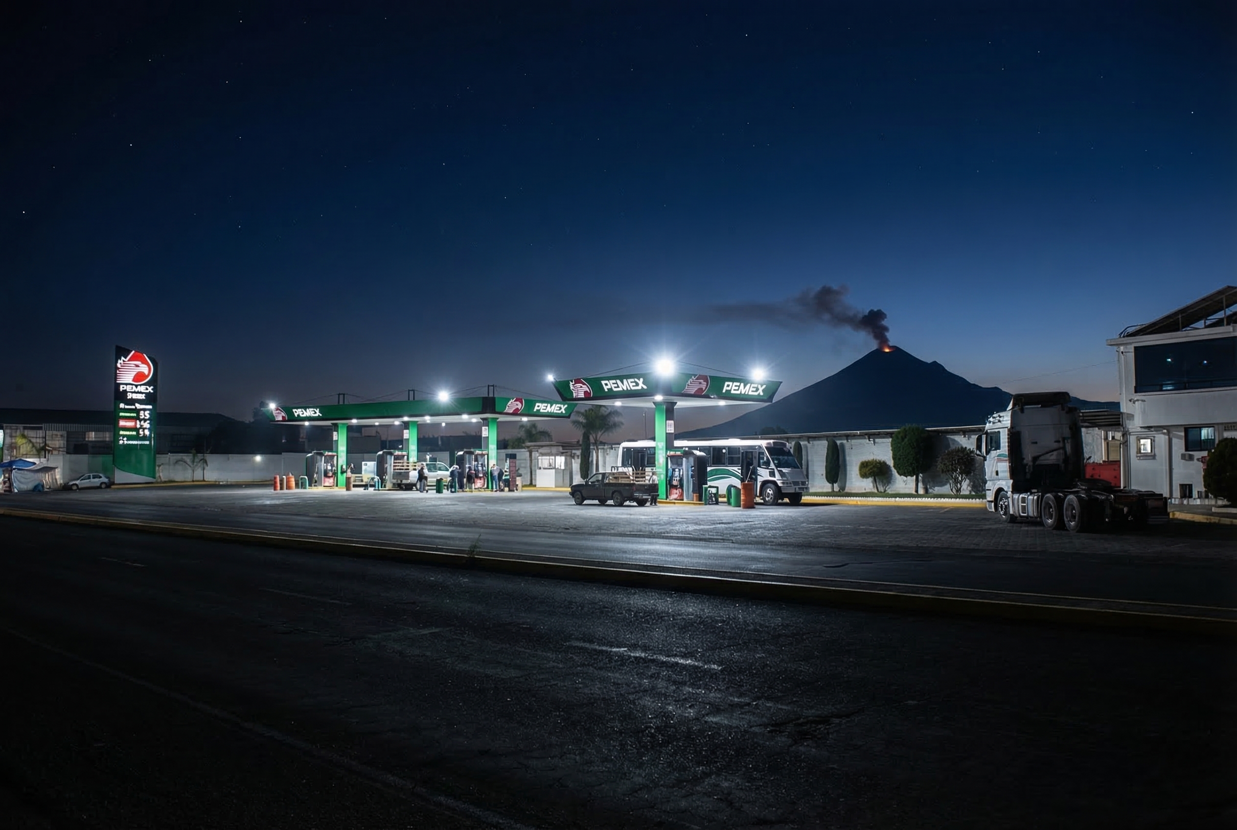 Gasolinera Servicio Valle Huejotzingo Puebla — Diésel para trailers con Popocatépetl al fondo